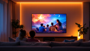 A photograph of a modern living room featuring a wall-sized led tv