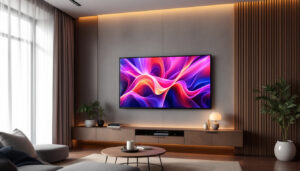 A photograph of a modern living room featuring a sleek led display integrated into stylish paneling