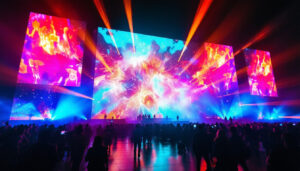 A photograph of a vibrant led display showcasing dynamic visuals and colors