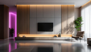 A photograph of a modern interior featuring wall paneling with integrated led displays