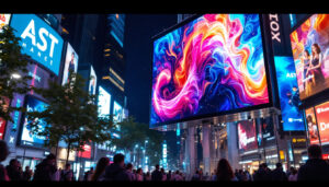 A photograph of a vibrant led display in a bustling urban environment