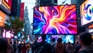 A photograph of a vibrant led display poster in a bustling urban setting