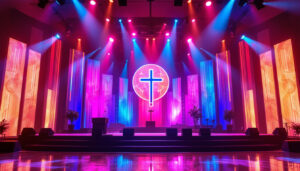 A photograph of a beautifully decorated church stage featuring a vibrant led display