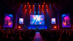 A photograph of a vibrant church stage featuring an impressive led display