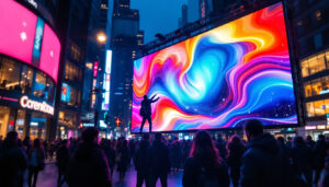A photograph of a vibrant led display in a dynamic urban setting