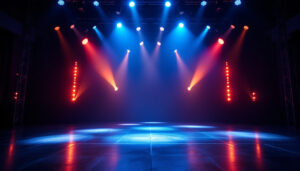 A photograph of a vibrant stage scene showcasing various led lighting setups
