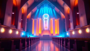 A photograph of a beautifully lit church sanctuary showcasing vibrant led lights illuminating the altar and pews