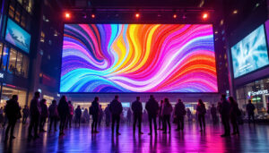 A photograph of a vibrant led display in a dynamic urban setting