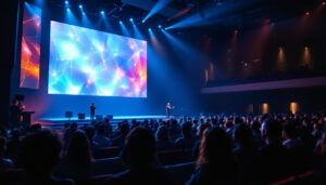 A photograph of a modern church interior featuring a prominent led display