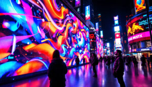 A photograph of a vibrant led display in a dynamic urban setting