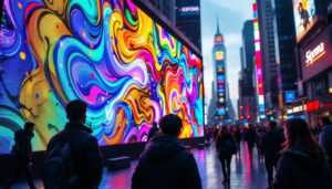 A photograph of a vibrant led display in an urban setting