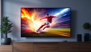 A photograph of a modern led television displaying a vibrant