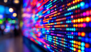 A photograph of a vibrant led display showcasing dynamic colors and patterns