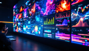 A photograph of a vibrant video wall featuring multiple led displays in action