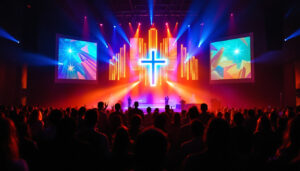 A photograph of capture a photograph of a vibrant led display in a church setting
