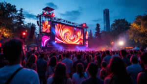 A photograph of a vibrant outdoor event featuring a large led screen displaying dynamic visuals