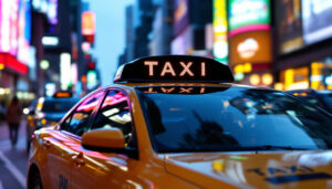 A photograph of a vibrant taxi with a clear