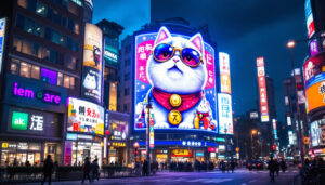A photograph of capture a photograph of the vibrant shinjuku cat billboard at night