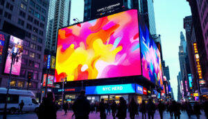 A photograph of capture a photograph of a vibrant nyc street scene featuring a prominent led billboard