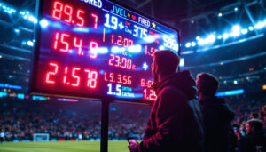 A photograph of a vibrant led sports ticker displaying live scores and updates in a dynamic sports setting