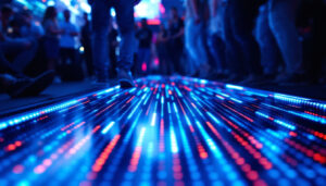 A photograph of capture a photograph of a vibrant led rolling floor display in action during an event