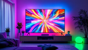 A photograph of a vibrant led display in a home setting