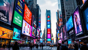 A photograph of capture a photograph of a vibrant new york city street scene featuring prominent led billboards displaying dynamic advertisements