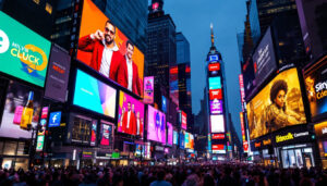 A photograph of capture a photograph of a vibrant led billboard in times square at dusk