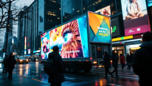 A photograph of capture a photograph of a mobile billboard advertising truck with a vibrant led display showcasing an eye-catching advertisement in a bustling urban environment