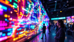 A photograph of capture a photograph of a vibrant led display panel in a dynamic setting