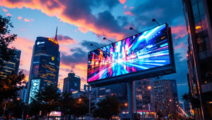 A photograph of a vibrant urban scene featuring a large led electronic billboard displaying dynamic advertisements or visuals
