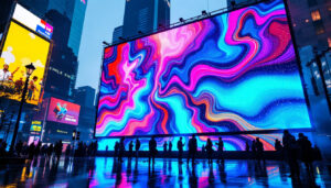 A photograph of a vibrant led display in an urban setting
