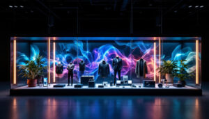 A photograph of capture a photograph of a vibrant led display case showcasing a variety of products