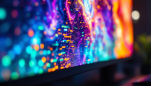A photograph of a vibrant led monitor displaying a colorful image