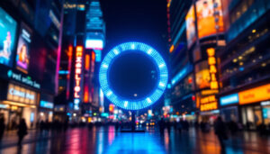 A photograph of a vibrant circular led display in a dynamic urban setting