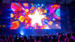 A photograph of a vibrant outdoor led mesh screen displaying dynamic visuals at a lively event