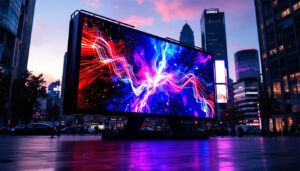 A photograph of capture a photograph of a vibrant led display in an urban setting