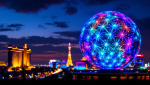 A photograph of capture a photograph of the las vegas eye ball's vibrant led display at night