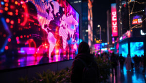 A photograph of capture a photograph of a vibrant led display in a bustling dubai setting