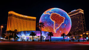 A photograph of the sphere in las vegas illuminated at night