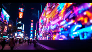 A photograph of a vibrant rotating led screen in action