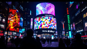 A photograph of a vibrant led display in a bustling urban environment at night