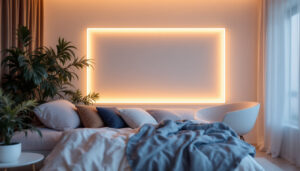 A photograph of a serene bedroom setting featuring a stylish led light wall panel