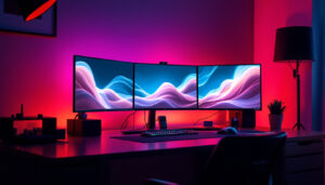 A photograph of a sleek triple screen stand in an office or gaming setup