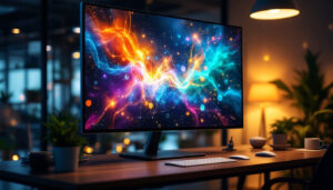 A photograph of a large touch screen monitor displaying vibrant