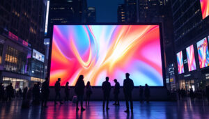 A photograph of a vibrant led display in a dynamic urban setting