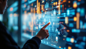 A photograph of a vibrant interactive touch screen monitor in use