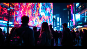 A photograph of a vibrant led display in a dynamic urban setting