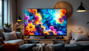A photograph of a sleek 42-inch led display showcasing vibrant visuals