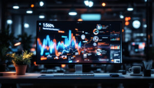 A photograph of a sleek interactive monitor displaying vibrant led graphics in a modern workspace setting